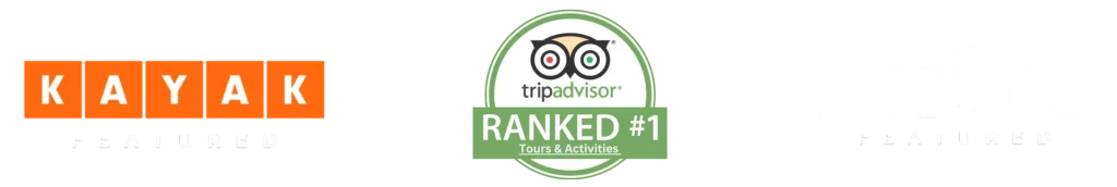 Logos of TripAdvisor, Kayak Guide, and Forbes representing trusted travel reviews, curated tour expertise, and prestigious travel recognition respectively.
