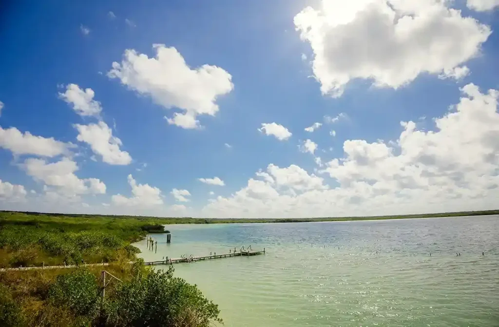 Drone view of Kaan Luum Lagoon with turquoise water and a wooden pier in Tulum.