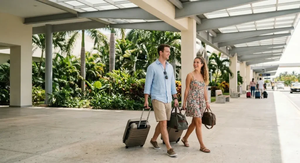 Couple arriving at Tulum hotel, walking with luggage.