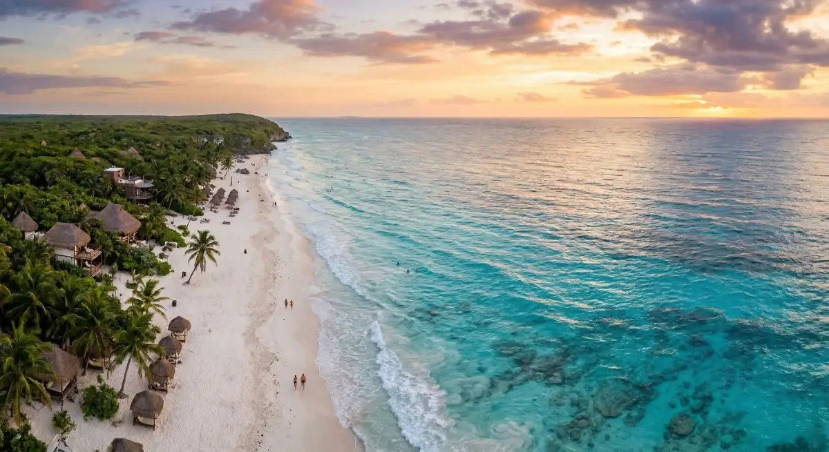 Aerial view of Tulum beach with turquoise Caribbean water and white sand coastline at sunset.