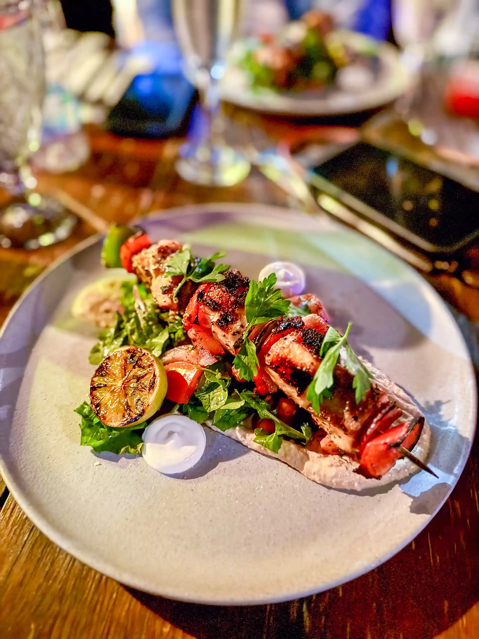 Fine dinning grilled chicken skewer served 