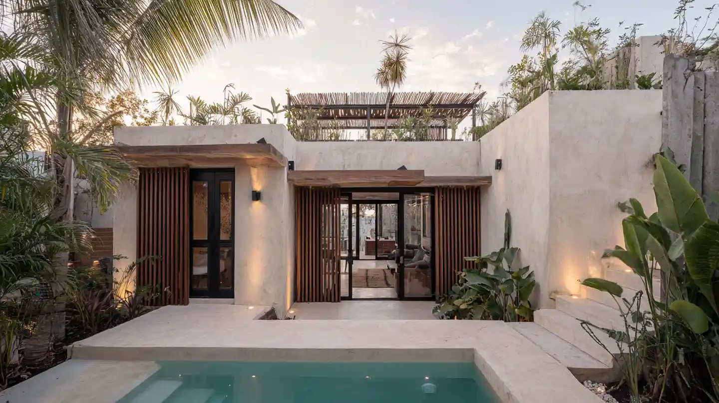 Modern Tulum villa with private pool and rooftop terrace.