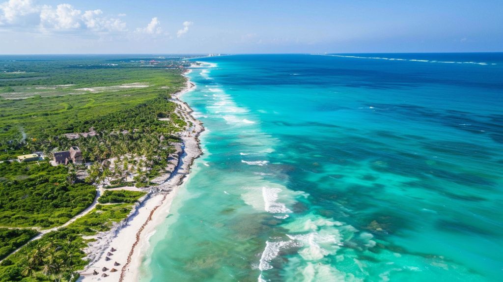 Aerial view of Tulum coast showcasing vibrant turquoise waters meeting the lush, dense jungle along the sandy shoreline.