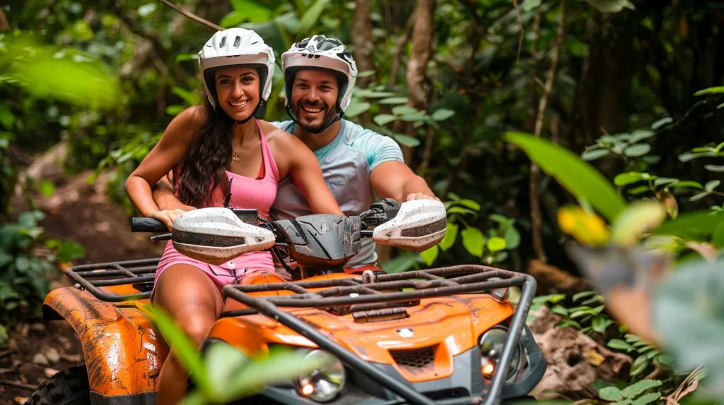 A honeymooning couple on an adventurous ATV tour through the dense jungle of Tulum.

