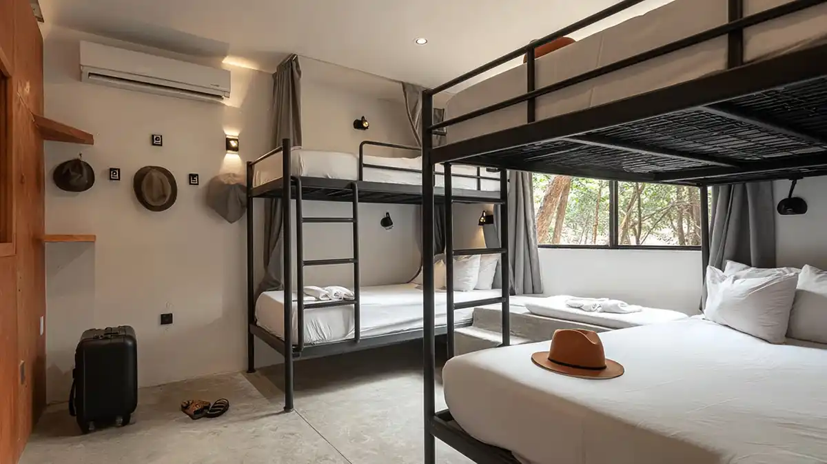 A modern, low budget hostel in Tulum features a dorm room with two metal bunk beds, a suitcase, hats on hooks, crisp white bedding, and a window overlooking lush trees outside.