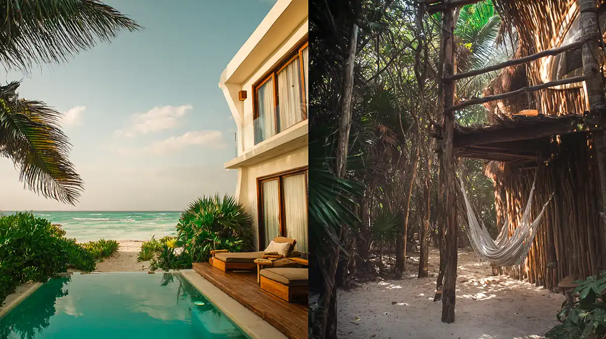 Tulum accommodation comparison showing an expensive beachfront hotel with pool vs a rustic jungle hut with hammock — highlighting price contrast.
