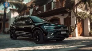 Black Volkswagen Tiguan parked next to a hotel bouitque in Tulum.