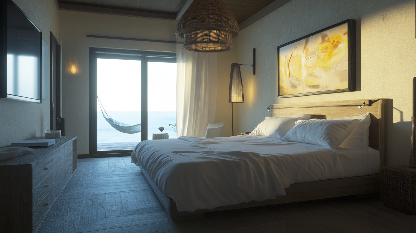 Luxury American-style hotel room in Cancun with a king-sized bed, modern furniture, and advanced technology.