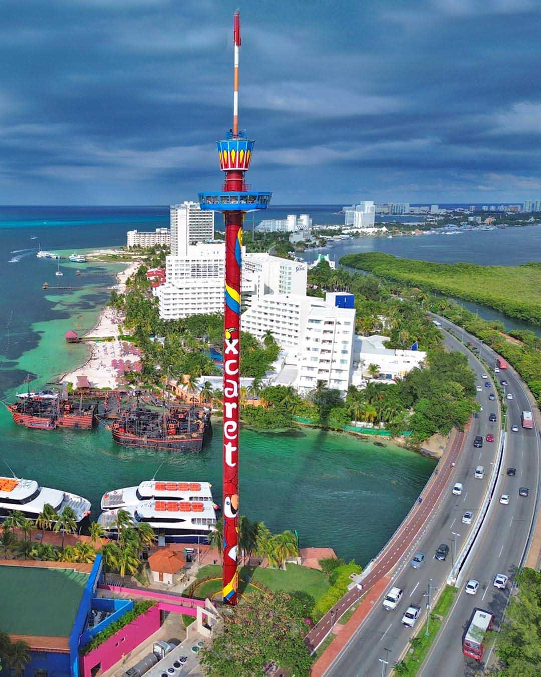 View from Cancun Tower overlooking the hotel zone and the turquoise ocean.