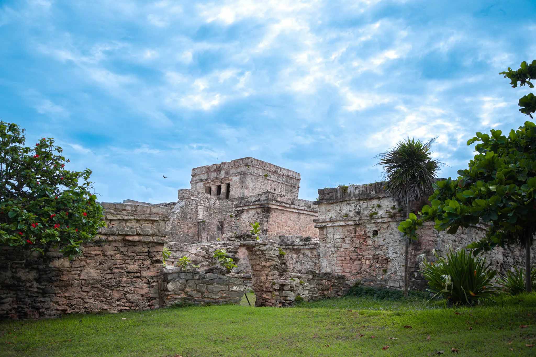 Main pyramid at the Tulum archaeological site, showcasing ancient Mayan architecture.