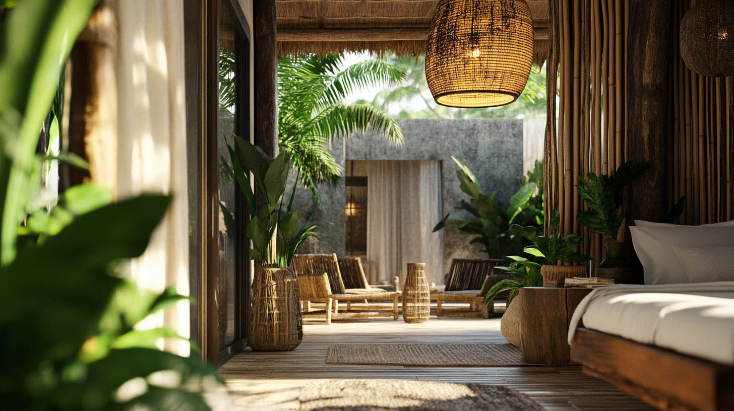 Tulum boutique hotel bedroom with wooden and jungle-themed furniture.
