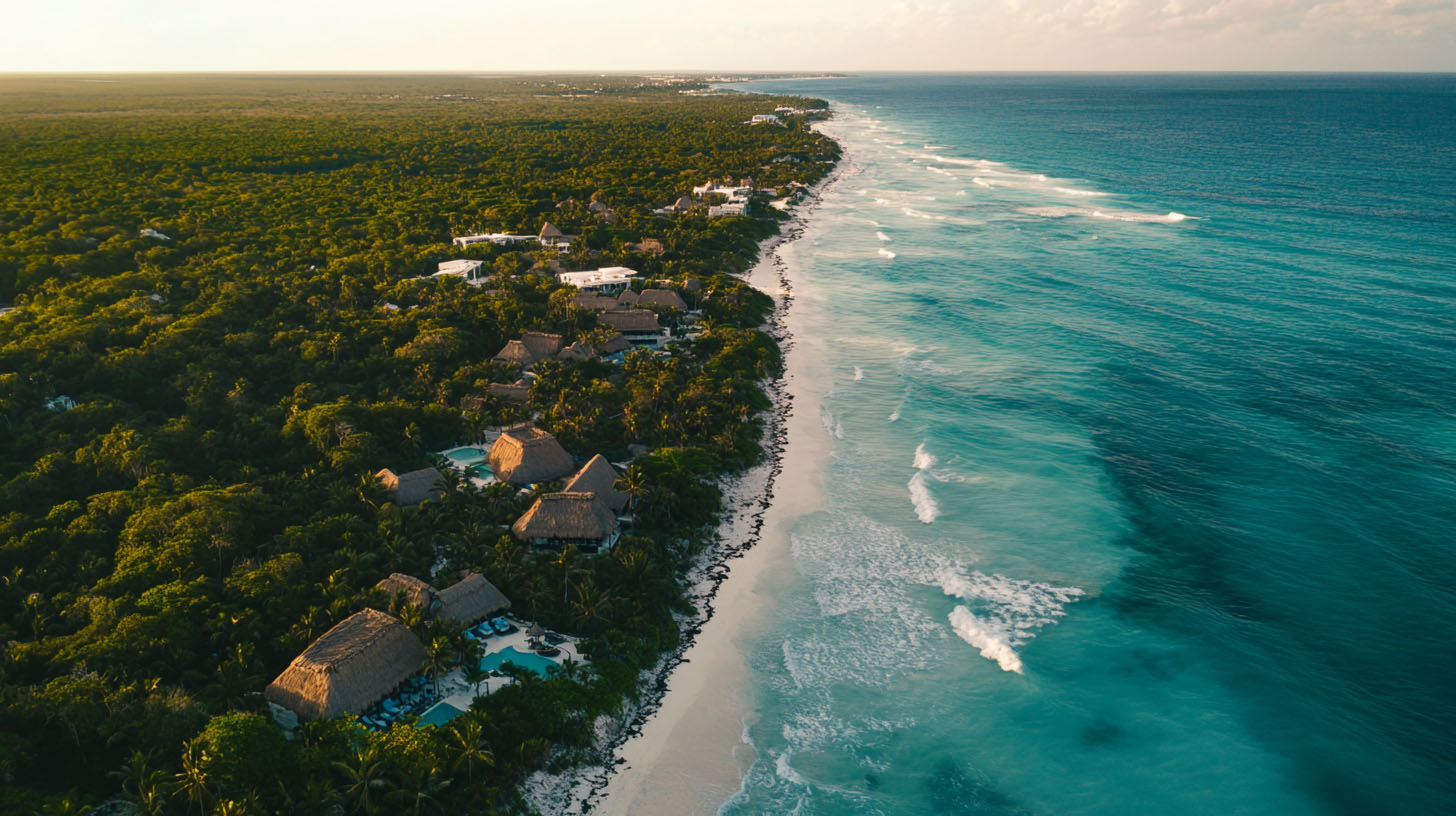 Aerial view of Tulum coast featuring boutique hotels surrounded by lush jungle.