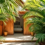 Entrance to a hotel room in Tulum surrounded by lush tropical palm trees.