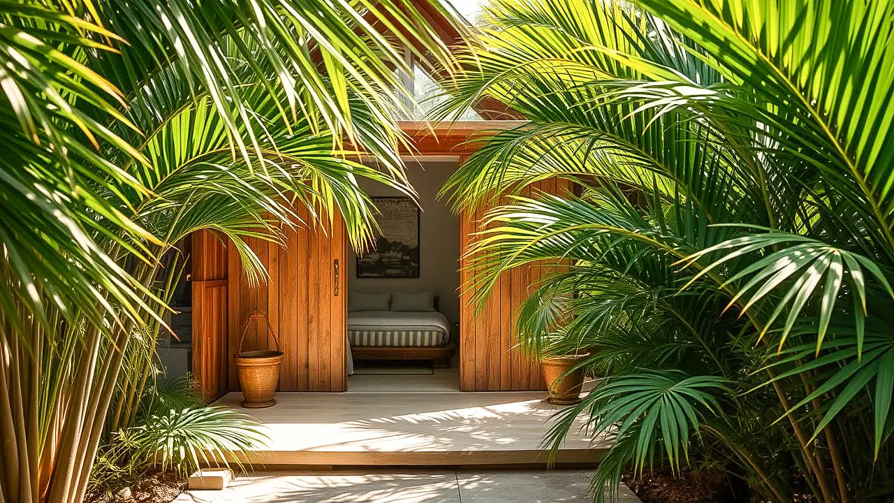 Entrance to a hotel room in Tulum surrounded by lush tropical palm trees.