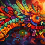 Vibrant artistic depiction of Kukulcan, the feathered serpent god, in vivid colors and intricate patterns.