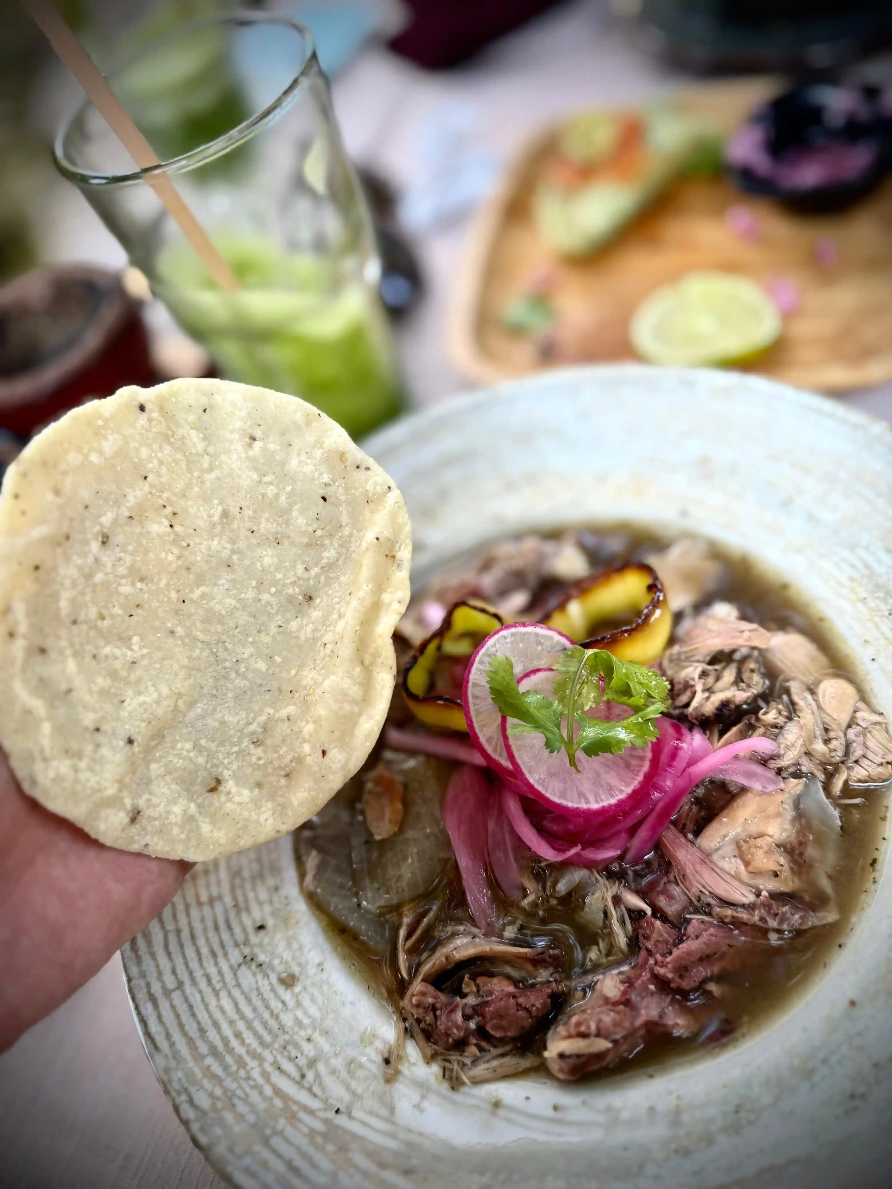 Traditional Yucatecan escabeche dish served in Valladolid with tortilla.