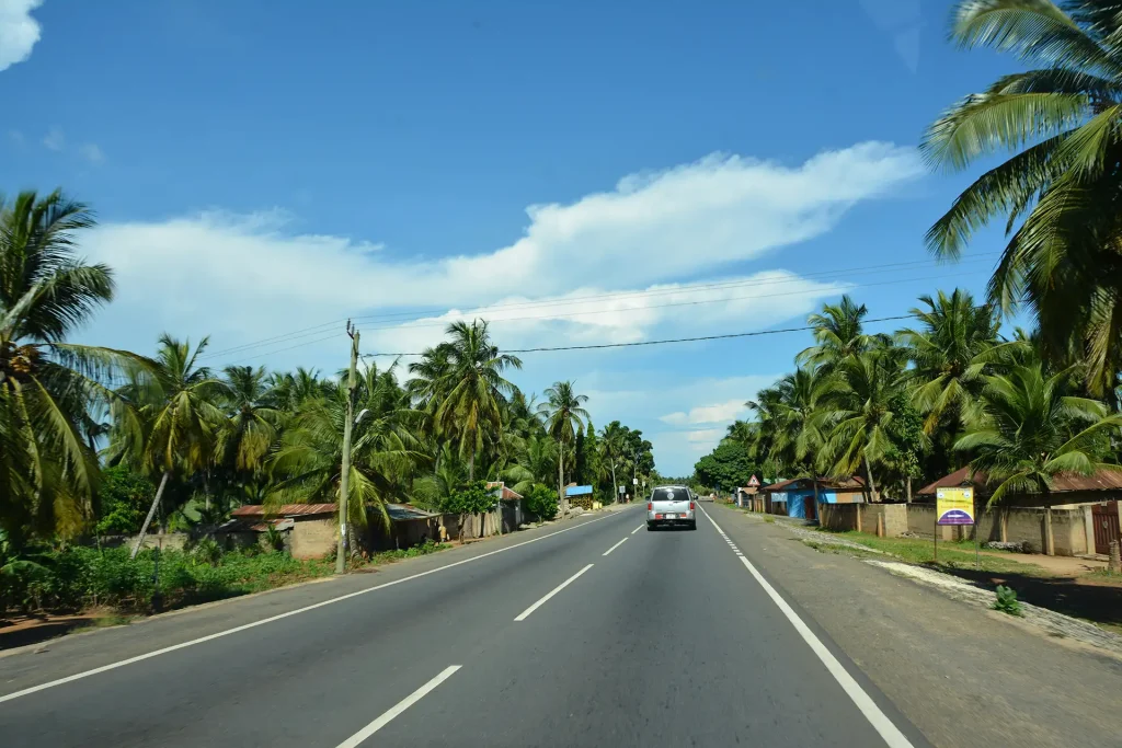 A car drives along a tropical highway lined with palm trees under a bright blue sky.
