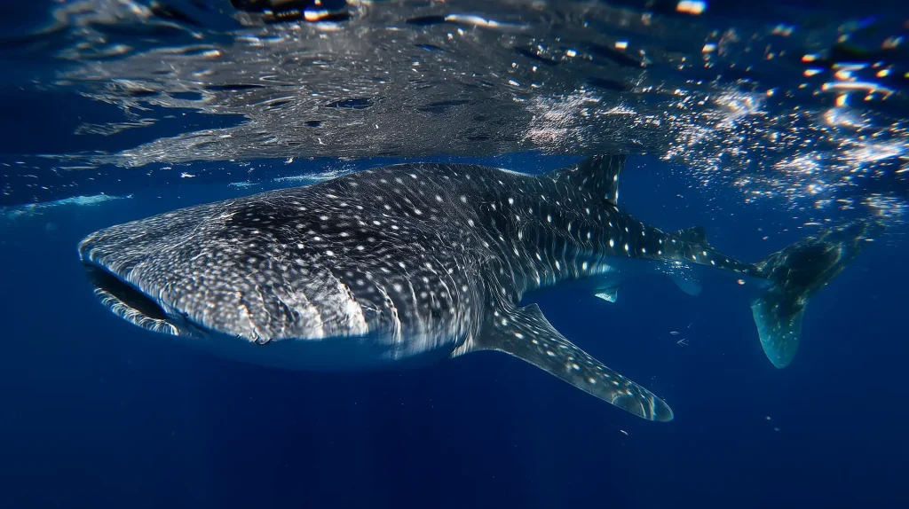 Whale shark gliding through the clear blue waters near Cancun, Mexico.