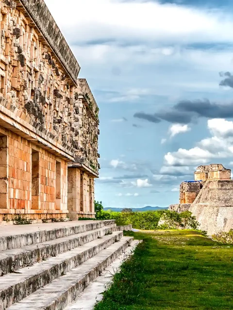 Ancient Mayan structures at the Uxmal archaeological site.