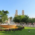 Central plaza with fountain and San Servacio Church in Valladolid.