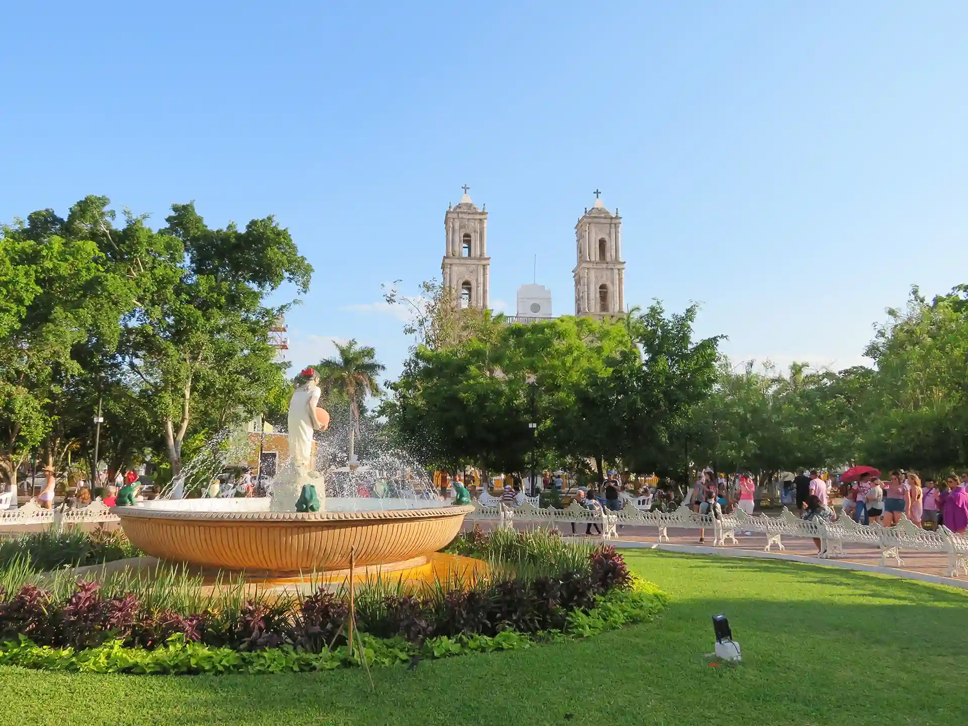 Central plaza with fountain and San Servacio Church in Valladolid.