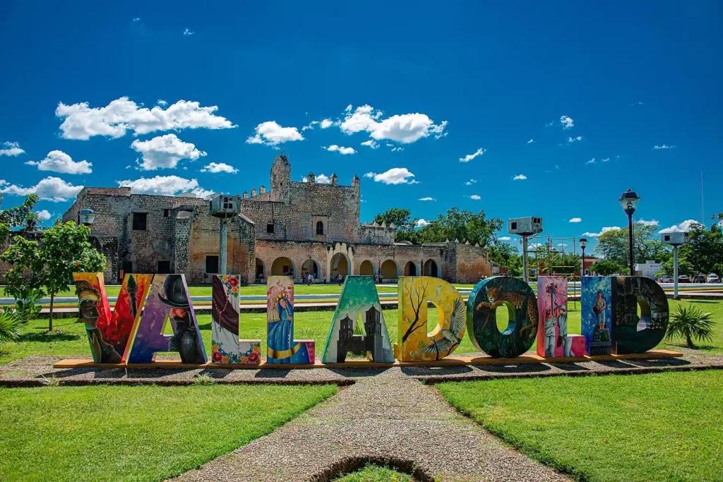 Valladolid Mexico colorful sign in front of historic convent.