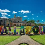 Valladolid Mexico colorful sign in front of historic convent.