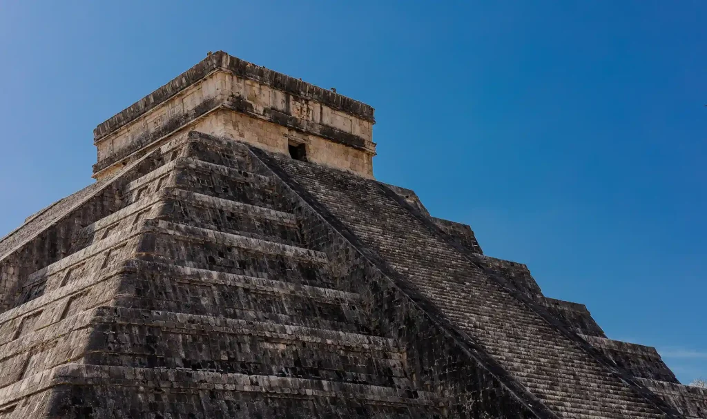 Close-up view of El Castillo pyramid at Chichen Itza.