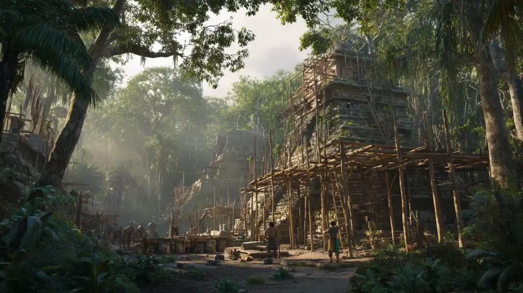 Ancient mayans building stone structures in the jungle.