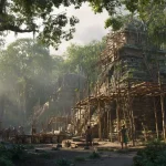 Ancient mayans building stone structures in the jungle.