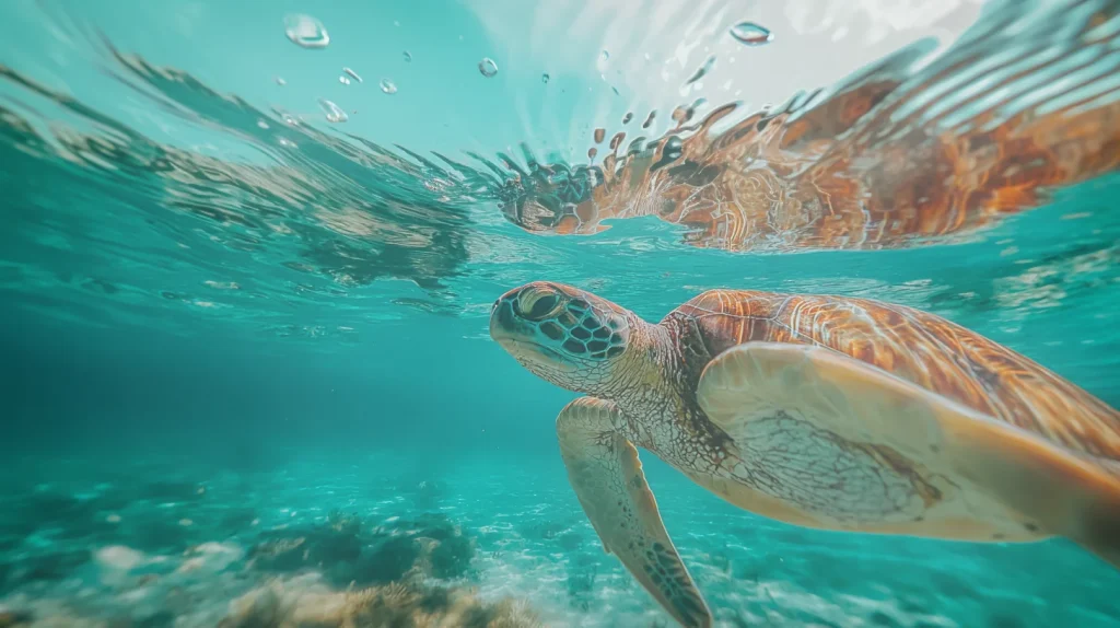 Sea turtle swimming in crystal-clear waters of Akumal Bay near Tulum.