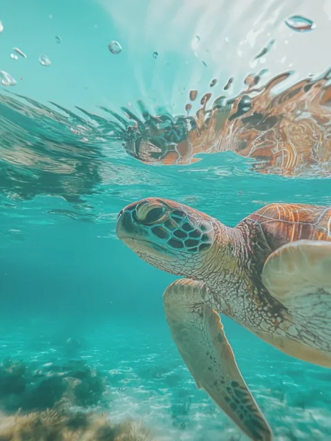 Sea turtle swimming in crystal-clear waters of Akumal Bay near Tulum.