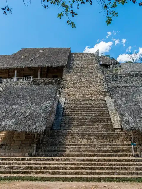 Grand stone staircase leading up the Acropolis pyramid at Ek Balam.