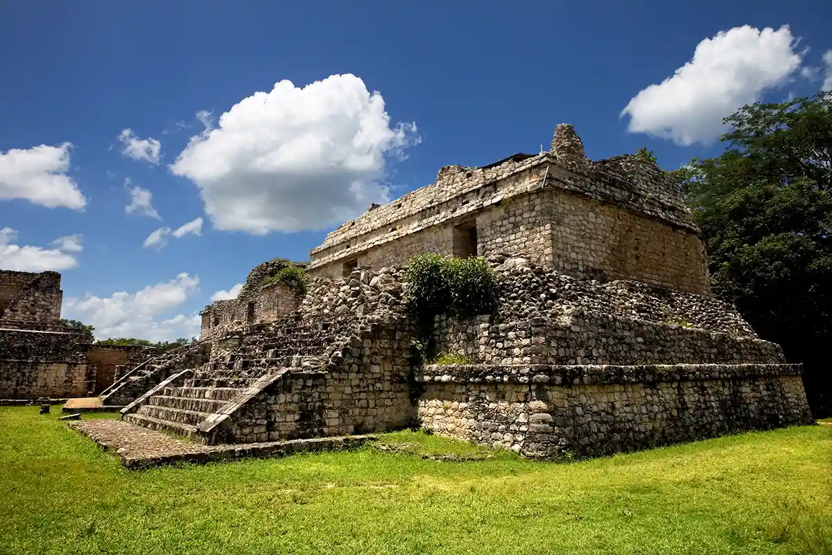Ancient Mayan temple structure at Ek Balam archaeological site.