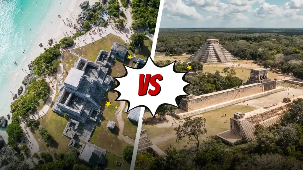 Aerial comparison image showing Tulum vs Chichen Itza ruins.