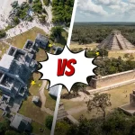 Aerial comparison image showing Tulum vs Chichen Itza ruins.