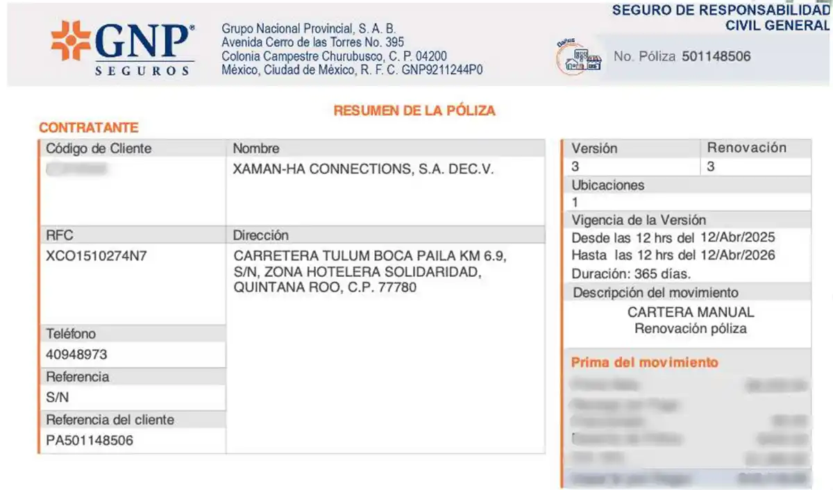 Liability insurance certificate for Xaman-Ha Connections issued by GNP Seguros, confirming policy details, coverage dates, and business address in Tulum, Mexico.