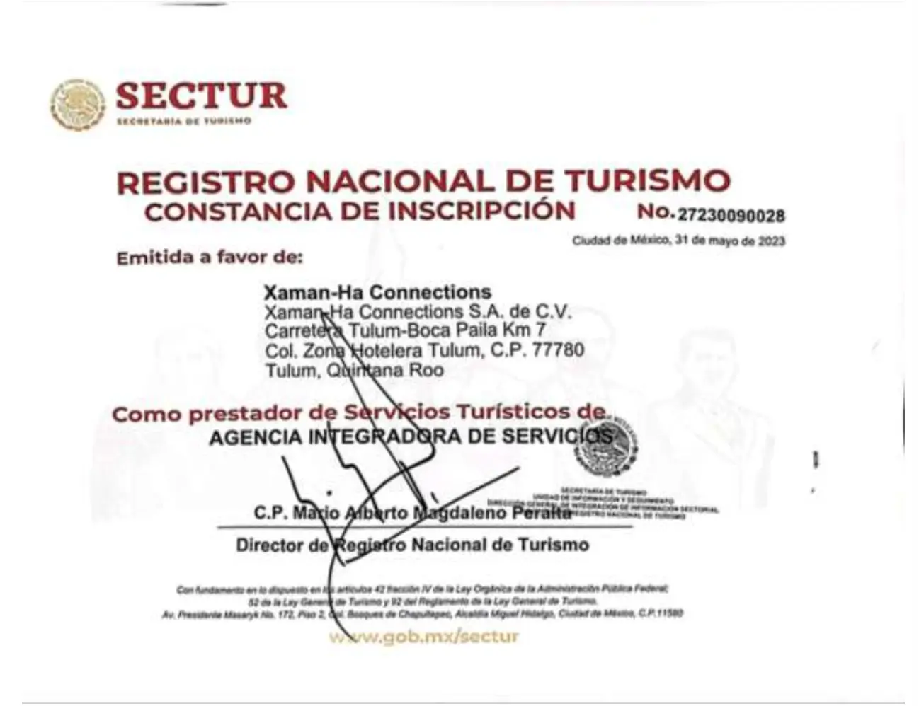 Official SECTUR certificate titled “Registro Nacional de Turismo” issued to Xaman-Ha Connections in Tulum, Mexico, confirming their registration as a certified tourism service provider.