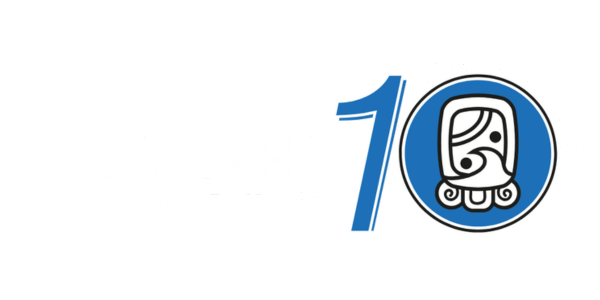 Xaman-Ha Connections 10-year anniversary logo featuring the company name, a Mayan glyph symbol, and the tagline “10 Years Your Trusted Guide” on a black background.