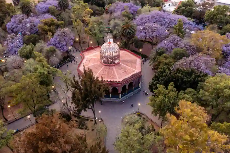 Historic Mudéjar-style kiosk located in Plaza Hidalgo, the central square of Coyoacán in Mexico City.
