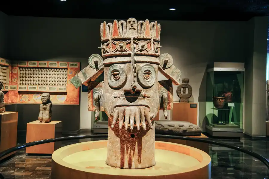 Pre-Hispanic ceremonial mask displayed inside the National Museum of Anthropology.