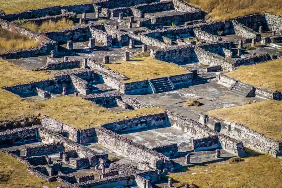 A close-up aerial view of the stone foundations of ancient buildings in Teotihuacán’s residential and ceremonial complex.