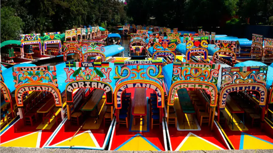 Colorful folkloric trajineras on the canals of Xochimilco.