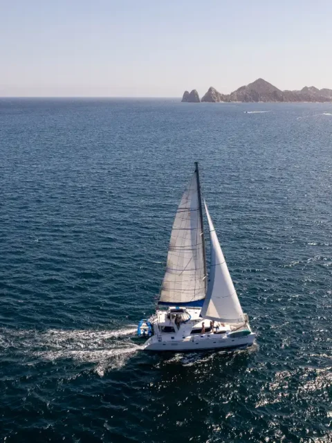Private catamaran sailing across the Sea of Cortez with the Cabo San Lucas coastline in the distance.