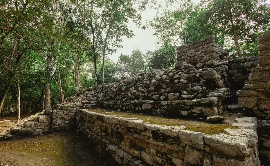 Mayan limestone structures along a jungle path at the Coba archaeological site.