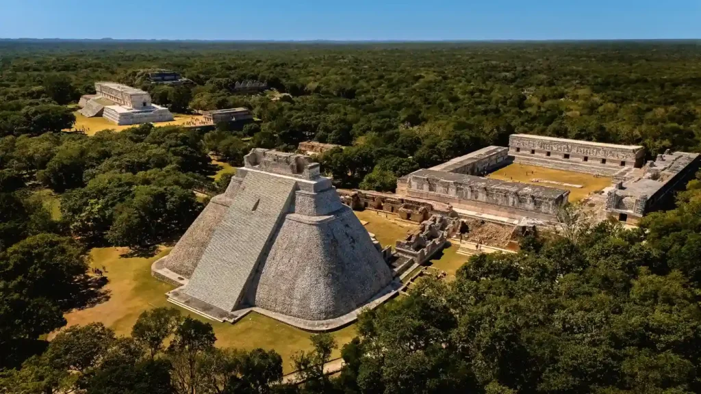 Drone view of the archaeological site of Uxmal in Yucatan, featuring the Magician Temple.