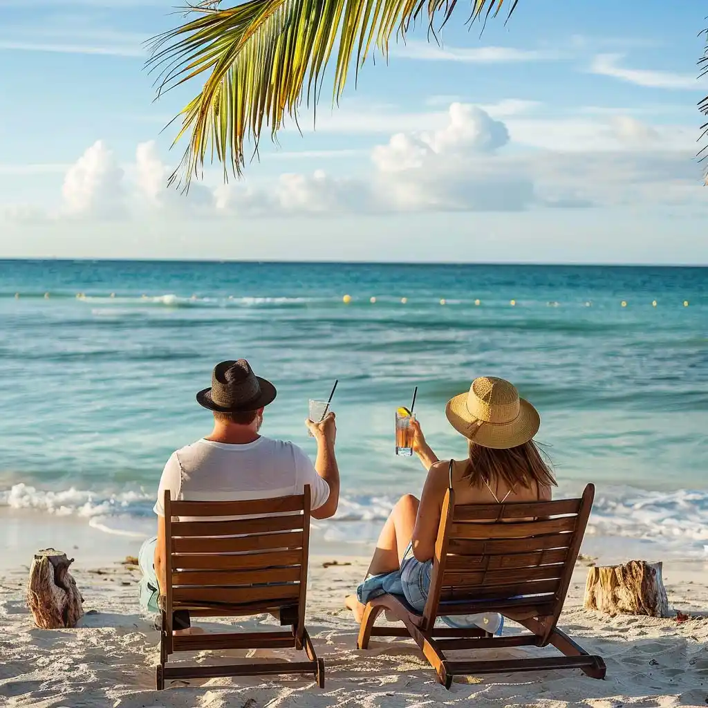 A couple relaxing with morning drinks on the sandy shores of the beach.
