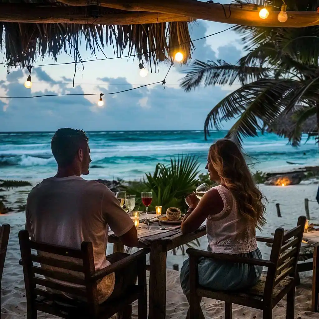 A newlywed couple enjoying a romantic beachfront dinner during sunset on their honeymoon in Tulum.