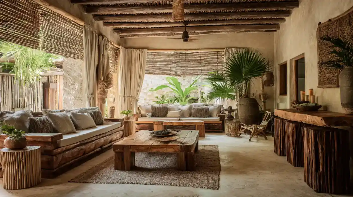 Rustic Airbnb in Tulum with handcrafted wooden furniture and tropical decor.