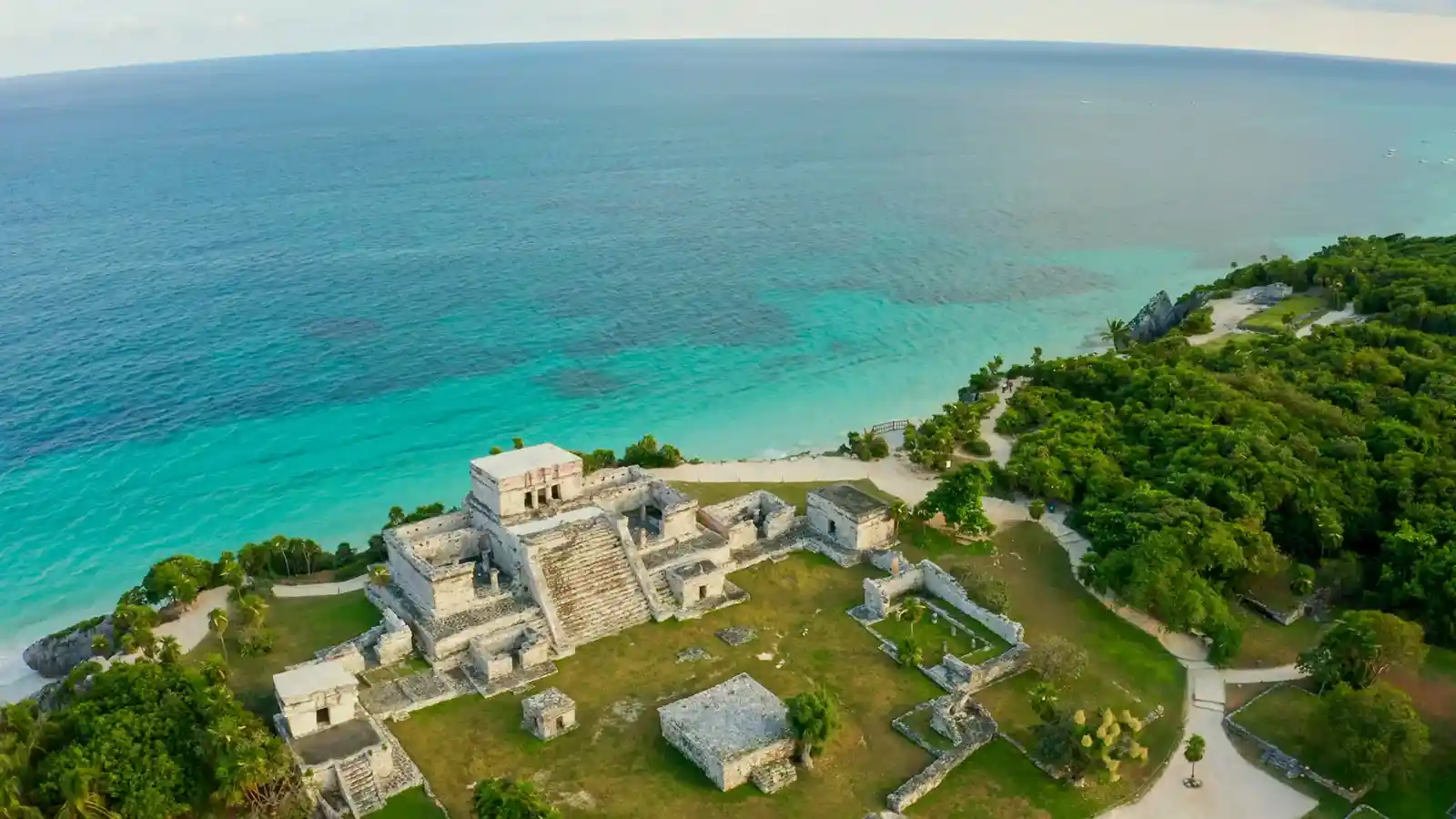 Drone aerial view of Tulum archaeological site.